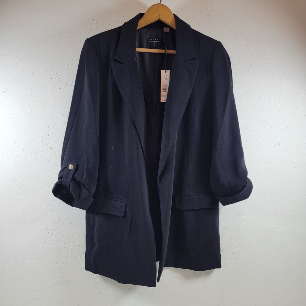 NWT Tahari Blazer Womens Small Black ‎ 3/4 Roll Tab Sleeve Open Front TH24435